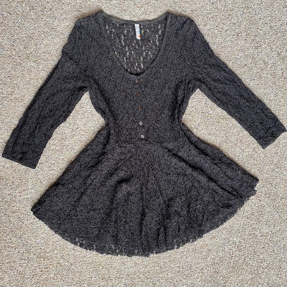 Free People Black Lace Babydoll Top Dress See Blouse Date Shirt Casual Spring - Picture 5 of 7
